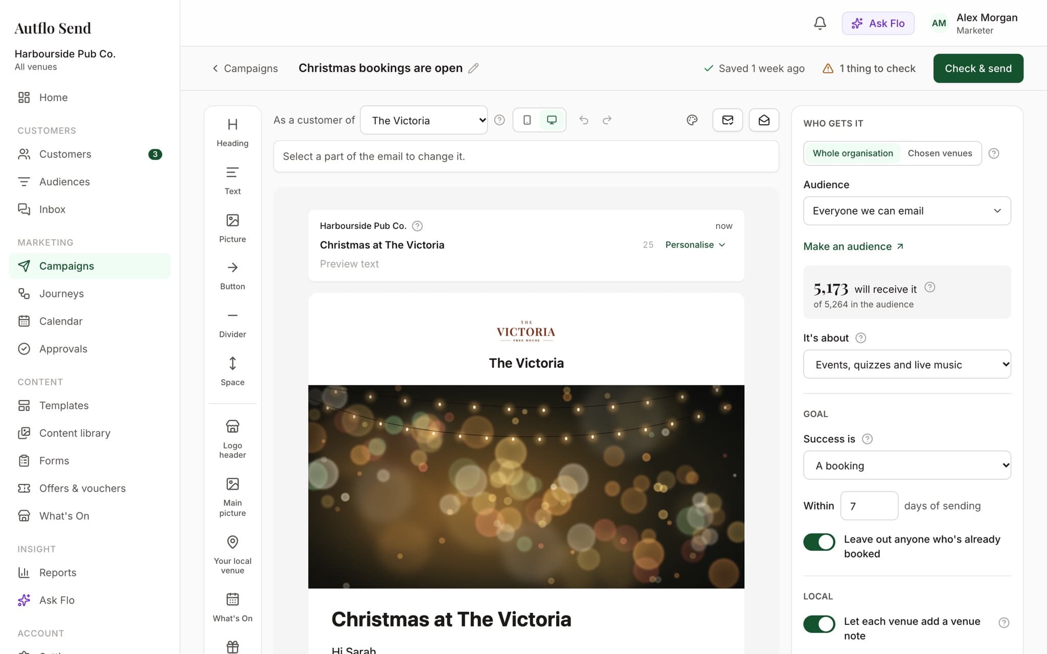 Autflo Send's email builder: a Christmas email shown as a customer of The Victoria would get it, with who gets it and the goal alongside.